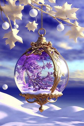 beautiful snow scene, sunny, blue sky and white clouds, sunset, beautiful delicate purple transparent crystal wind chimes, crystal clear, sky blue, branch shape, light purple and white flowers in the middle, beautiful small crystals, envy, decorated with small white flowers, long crystal pendant, shells, snowflakes, hanging on branches, lavender and lemon yellow lights, hd ar 2:3 v 4 uplight q05 2 --v 4 --ar 2:3 --q 0.5