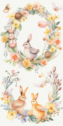 beautiful spring flower garlands , baby bunnies , chicks , easter eggs watercolored pencil style, --ar 2:4 --q 5 --v 5