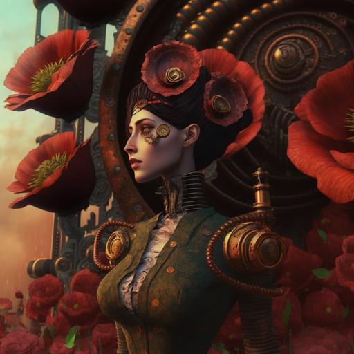 beautiful steampunk queen of strawberry fields, muted poppies background, volumetric lighting, octane render, dynamic, dimensional, artistic composition, cinematic, hyper-detailed, hyper-realistic, UHD, 8K --v 4