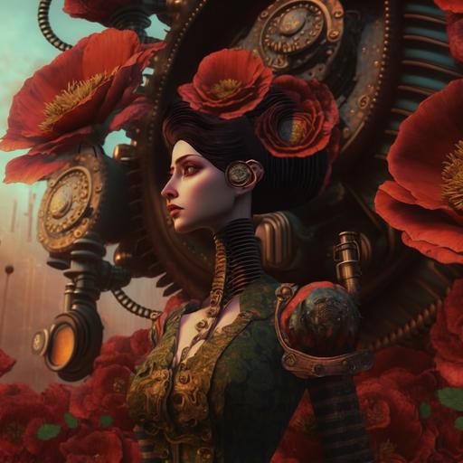 beautiful steampunk queen of strawberry fields, muted poppies background, volumetric lighting, octane render, dynamic, dimensional, artistic composition, cinematic, hyper-detailed, hyper-realistic, UHD, 8K --v 4