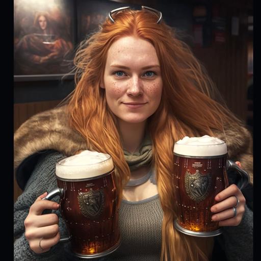 beautiful strong viking girl with red hair holding jugs of beer cinematic realistic --stylize 1000