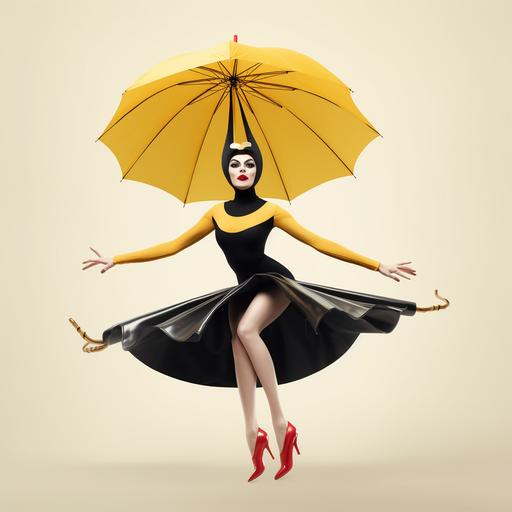 beautiful superhero lady latrodectus who is out of proportion and super fun, wearing slippers and a cone hat, yellow lipstick, jumping, web wings, hilarious masterpiece of modern minimalism --s 50