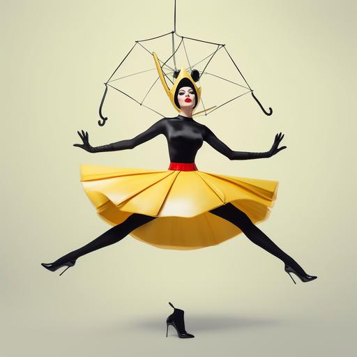 beautiful superhero lady latrodectus who is out of proportion and super fun, wearing slippers and a cone hat, yellow lipstick, jumping, web wings, hilarious masterpiece of modern minimalism --s 50