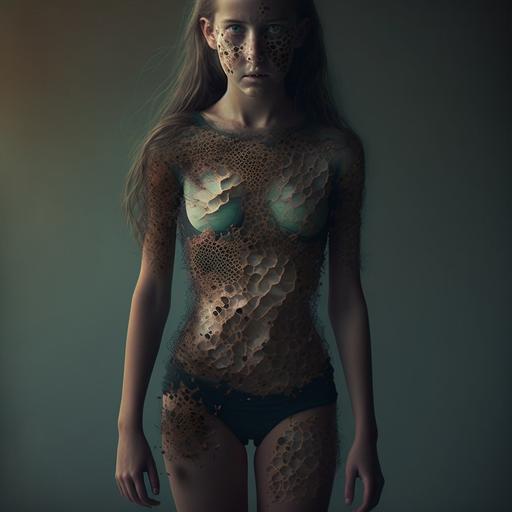 beautiful teen girl wearing pantyhose and miniskirt,showing body, dying,decaying, have 100 holes on body