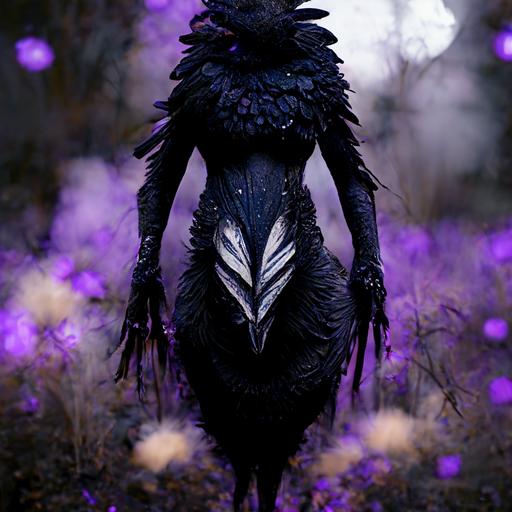 beautiful thick black raven goddess crow feet black and purple feathers. Full body, photo realism, 8k, photo realistic, unreal engine, hyper detailed.