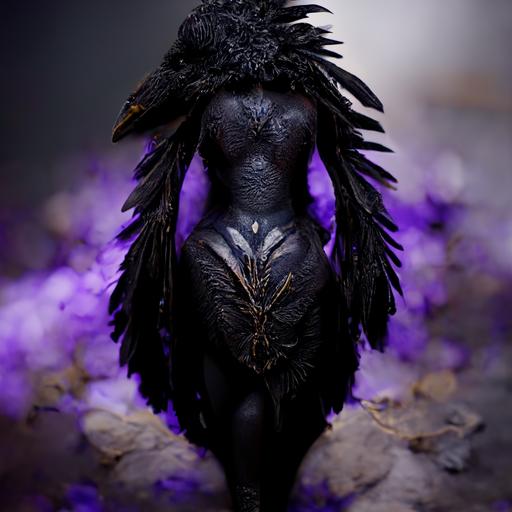 beautiful thick black raven goddess crow feet black and purple feathers. Full body, photo realism, 8k, photo realistic, unreal engine, hyper detailed.