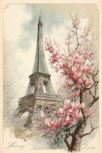 beautiful vintage Paris poster, eiffel tower, insanely detailed, vintage shabby, watercolor painting by marjolein bastin --no text --ar 2:3 --v 4