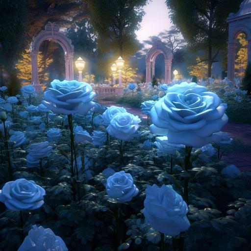 beautiful vivid light blue coloured rose garden photorealistic 8k