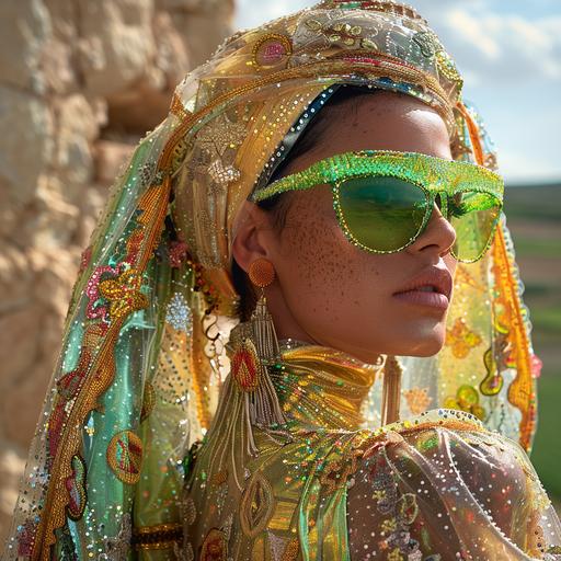 beautiful vogue ample spanish model, green sunglasses and dress made of cling film --s 750