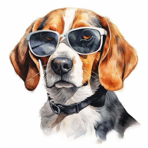 beautiful watercolor illustration of a beagle dog wearing rayban glasses, glasses are distinctively unique and modern, on white backdrop