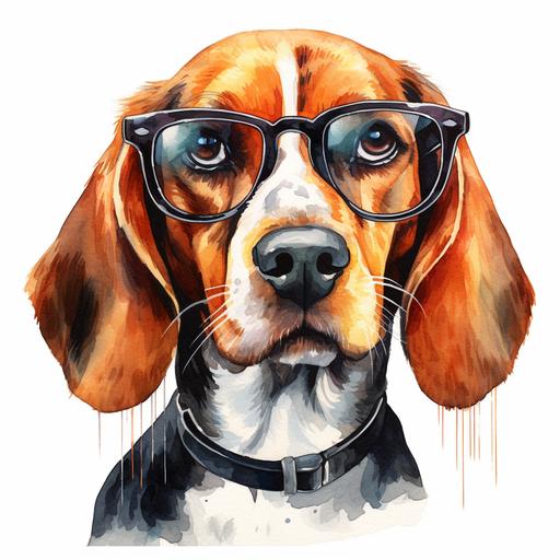 beautiful watercolor illustration of a beagle dog wearing glasses, glasses are distinctively unique and modern, on white backdrop
