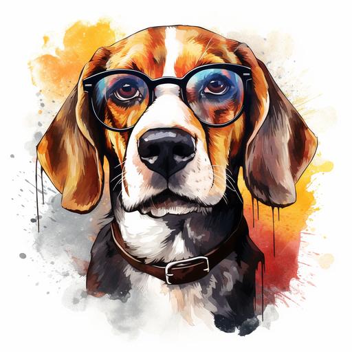 beautiful watercolor illustration of a beagle dog wearing glasses, on white backdrop, expressive hues, tints, shades and colors