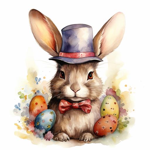 beautiful watercolor illustration of a bunny wearing a hat made out of an easter egg, on white backdrop