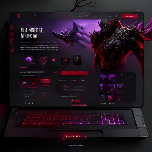 beautiful website for gaming laptops, ui, ux, ui/ux, msi, asus, red, purple, black, backlight keyboard, website --v 4 --stylize 500