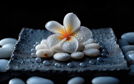 beautiful white frangipani flower and white pebbles styled as zen crop circles on a black square plate --v 6.0 --s 1000 --ar 8:5