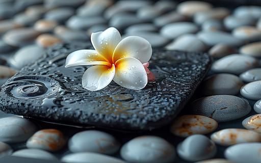 beautiful white frangipani flower and white pebbles styled as zen crop circles on a black square plate --ar 8:5 --v 6.0 --s 1000