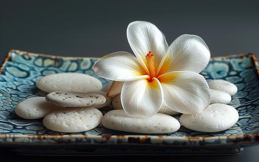 beautiful white frangipani flower and white pebbles styled as zen crop circles on a black square plate --ar 8:5 --v 6.0 --s 750 --c 2