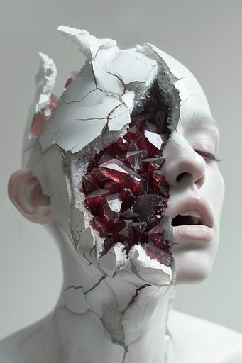 beautiful white grey stone human, red Crystal Geode, giant crystals, Split open, marble skin, showcasing small crystals inside. Surrealistic concept photography, white background --ar 2:3 --v 6.0 --stylize 250