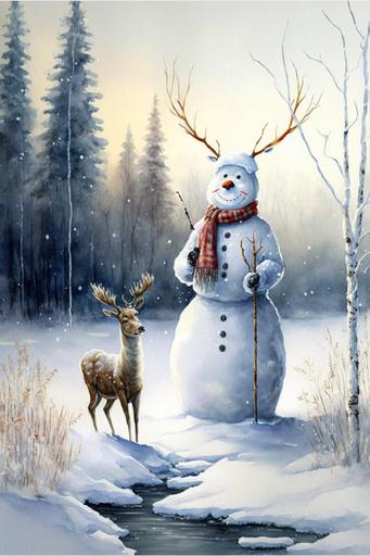 beautiful winter landscape paintings snowman with santa claus with reindeer watercolor painting --ar 2:3