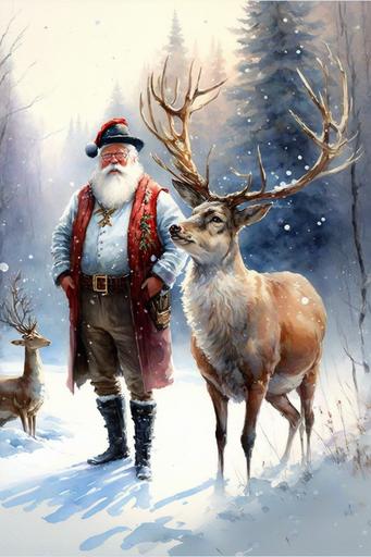 beautiful winter landscape paintings snowman with santa claus with reindeer watercolor painting --ar 2:3