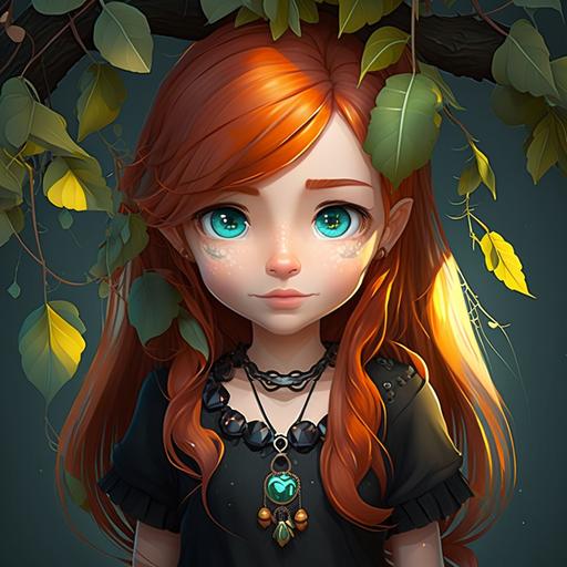 beautiful woman WITH LONG RED HAIR, Blue eyes, wearing a black shirt with a tree, hippie necklace, cute, chibi, 3d, kawai, --v 4