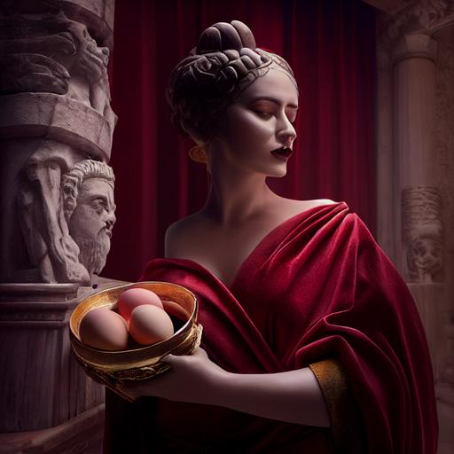 beautiful woman dressed in ancient Greek robe giving roman emperor red colored eggs placed in red Velvet pillow, Easter atmosphere, the new beginning, textured, optic fiber, octane render, dynamic pose, volumetric lighting, perfect shading, unreal engine --test --creative