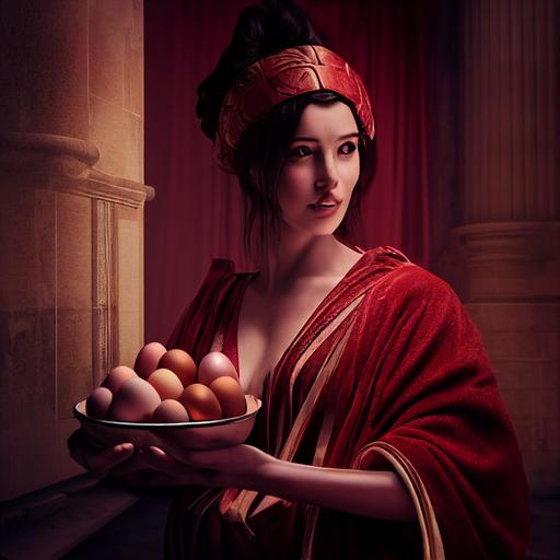 beautiful woman dressed in ancient Greek robe giving roman emperor red colored eggs placed in red Velvet pillow, Easter atmosphere, the new beginning, textured, optic fiber, octane render, dynamic pose, volumetric lighting, perfect shading, unreal engine --test --creative