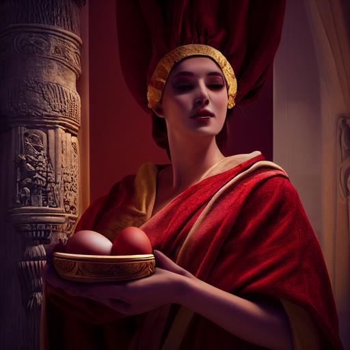 beautiful woman dressed in ancient Greek robe giving roman emperor red colored eggs placed in red Velvet pillow, Easter atmosphere, the new beginning, textured, optic fiber, octane render, dynamic pose, volumetric lighting, perfect shading, unreal engine --test --creative