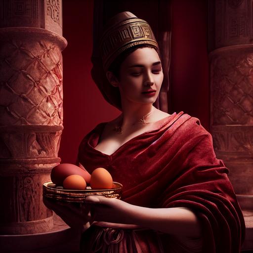 beautiful woman dressed in ancient Greek robe giving roman emperor red colored eggs placed in red Velvet pillow, Easter atmosphere, the new beginning, textured, optic fiber, octane render, dynamic pose, volumetric lighting, perfect shading, unreal engine --test --creative