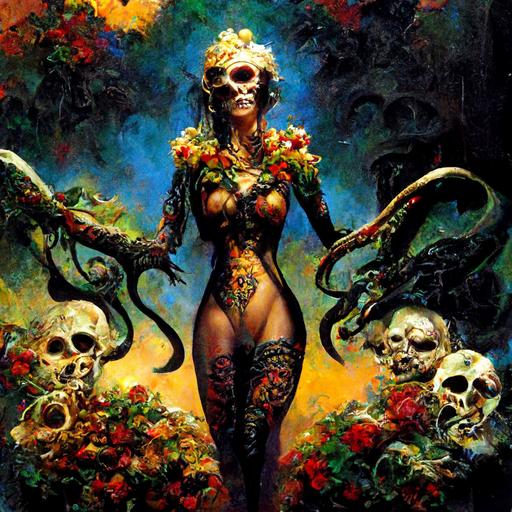 beautiful woman dressed in flowers and leaves, looks up at the sky, stretches her arms toward the sky and stands on a throne of snakes and skulls, snakes wrap around the woman's body, warm colors, boris vallejo style