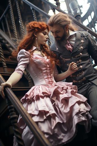 beautiful woman, redhead, pale skin, pastel pink dress, dancing with a man, beard, steampunk costume, on a steampunk balustrade, copper, highly detailled, full body shot, low angle view, glamour fashion photography, soft lighting --ar 2:3 --s 1000