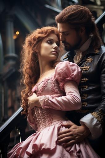 beautiful woman, redhead, pale skin, pastel pink dress, dancing with a man, beard, steampunk costume, on a steampunk balustrade, copper, highly detailled, full body shot, low angle view, glamour fashion photography, soft lighting --ar 2:3 --s 1000