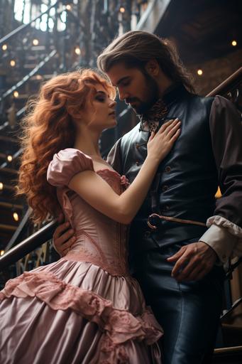 beautiful woman, redhead, pale skin, pastel pink dress, dancing with a man, beard, steampunk costume, on a steampunk balustrade, copper, highly detailled, full body shot, low angle view, glamour fashion photography, soft lighting --ar 2:3 --s 1000