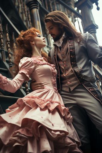 beautiful woman, redhead, pale skin, pastel pink dress, dancing with a man, beard, steampunk costume, on a steampunk balustrade, copper, highly detailled, full body shot, low angle view, glamour fashion photography, soft lighting --ar 2:3 --s 1000