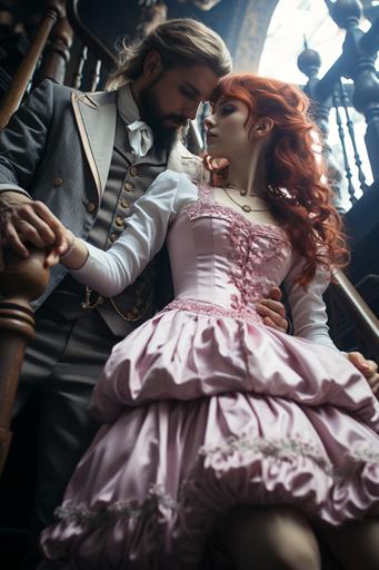 beautiful woman, redhead, pale skin, pastel pink dress, dancing with a man, beard, steampunk costume, on a steampunk balustrade, copper, highly detailled, full body shot, low angle view, glamour fashion photography, soft lighting --ar 2:3 --s 1000