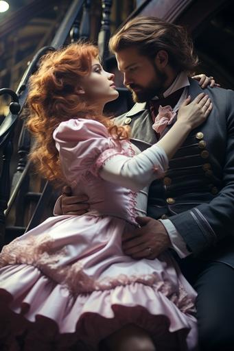 beautiful woman, redhead, pale skin, pastel pink dress, dancing with a man, beard, steampunk costume, on a steampunk balustrade, copper, highly detailled, full body shot, low angle view, glamour fashion photography, soft lighting --ar 2:3 --s 1000