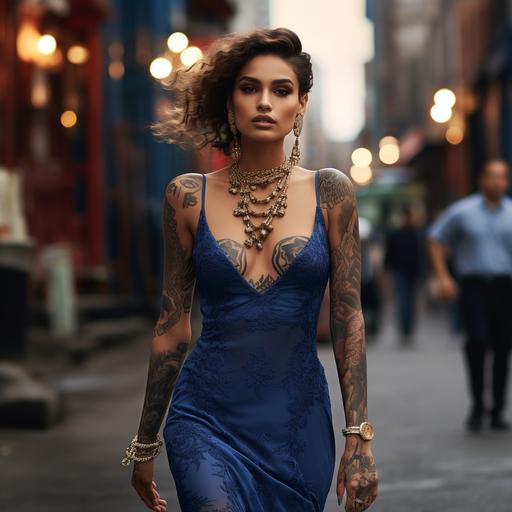 beautiful woman walks in the street has tattoos and gold necklace, wears blue dress and high heels, 4k, high resolution, high-end photograph. incredibly detailed, cinematic shot, hyperrealistic, photorealistic, ultra realistic, hyperrealistic, sharpen, 8k +,