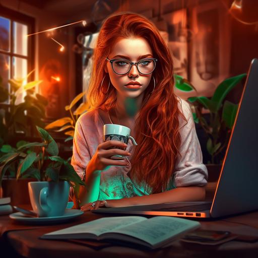 beautiful woman with brown red long hair, elegant glasses and some cuts freckles, working girl, digital art, front of her laptop, hyperactive, books, creativity, act of creation, yogy, coffe, brainsturming, a little cactus, neon light