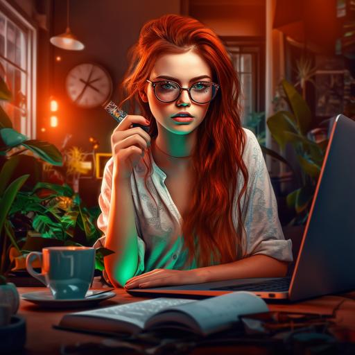 beautiful woman with brown red long hair, elegant glasses and some cuts freckles, working girl, digital art, front of her laptop, hyperactive, books, creativity, act of creation, yogy, coffe, brainsturming, a little cactus, neon light