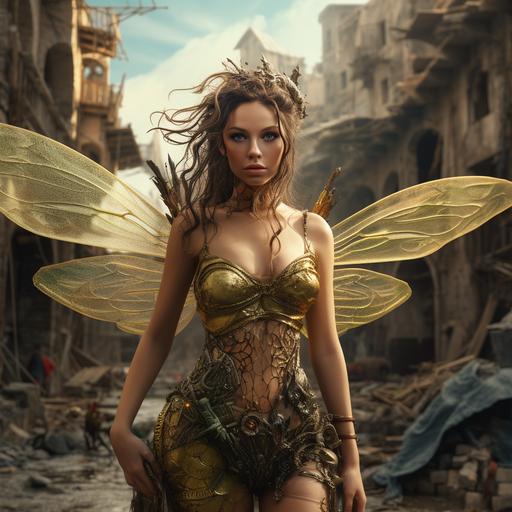 beautiful woman with dragonfly wings, wasp abdomen and fly eyes, flies along the street of a ruined city
