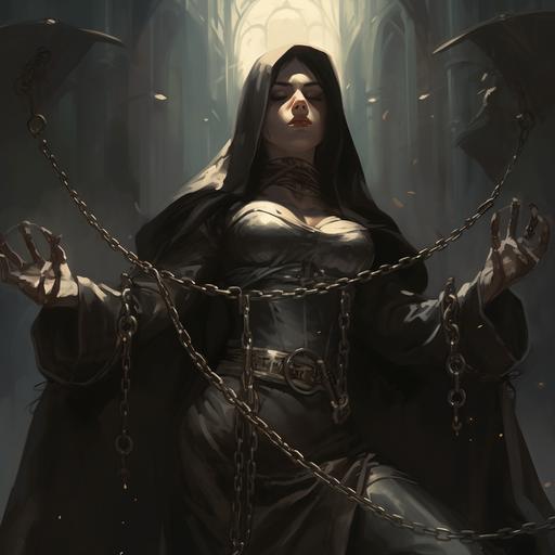 beautiful women, full body,warrior nuns, wearing nun habit, cloth, strong, thick, muscular, fat, action, dark, comic style, in the style of Neil Gaiman, holding whip, rope, chain, armor, metal, rosary