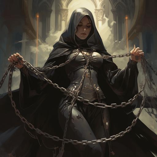 beautiful women, full body,warrior nuns, wearing nun habit, cloth, strong, thick, muscular, fat, action, dark, comic style, in the style of Neil Gaiman, holding whip, rope, chain, armor, metal, rosary