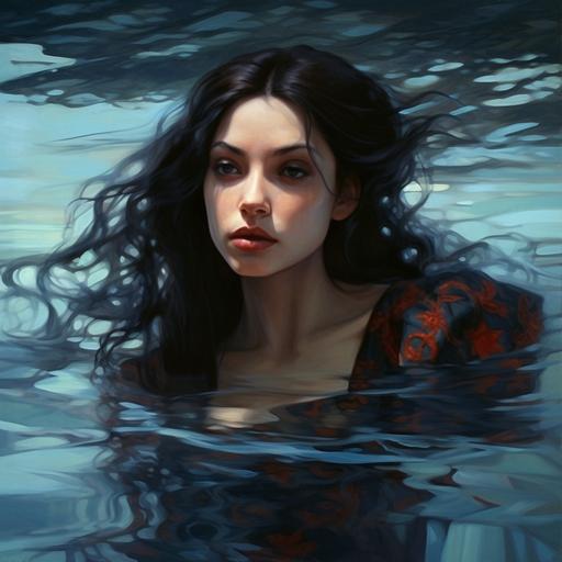beautiful women in a body of water. Dark hair. Straight on. looking at camare. Realistic