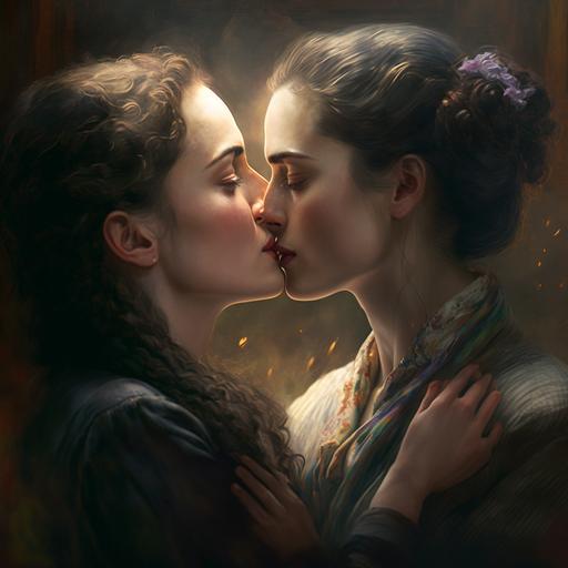 beautiful women kissing another beautiful women, realistic, tempting, cinematic lighting