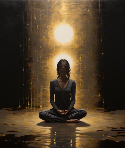 beautiful yoga meditation on the earth with a woman in shat yoga pose, in the style of dark gold and light gold, melting pots, brunaille underpainting, strong contrast between light and dark, zen minimalism, optical illusion paintings, --ar 11:13