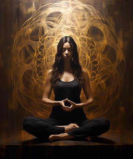 beautiful yoga meditation on the earth with a woman in shat yoga pose, in the style of dark gold and light gold, melting pots, brunaille underpainting, strong contrast between light and dark, zen minimalism, optical illusion paintings, --ar 11:13