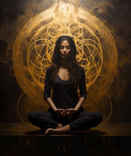 beautiful yoga meditation on the earth with a woman in shat yoga pose, in the style of dark gold and light gold, melting pots, brunaille underpainting, strong contrast between light and dark, zen minimalism, optical illusion paintings, --ar 11:13