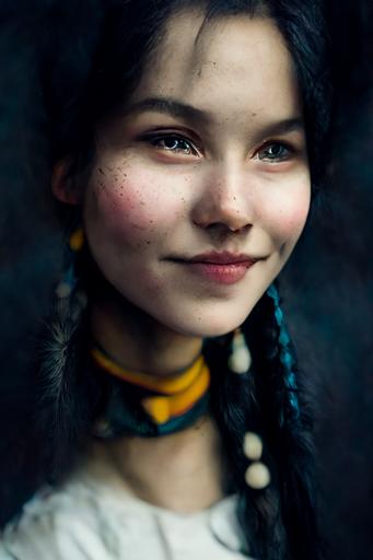beautiful young girl, full face::1 , symetrical, female, focused, laughing, closed eyes, backlight, black hair, a member of an indigenous people of far northern Scandinavia, traditionally associated with the herding of reindeer, Sami folk costume, raw, allure, enticing, hot --ar 10:16  --s 5000 --q 1 --uplight