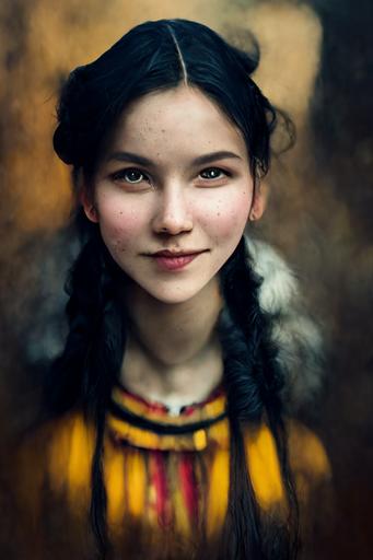 beautiful young girl, full face::1 , symetrical, female, focused, laughing, closed eyes, backlight, black hair, a member of an indigenous people of far northern Scandinavia, traditionally associated with the herding of reindeer, Sami folk costume, raw, allure, enticing, hot --ar 10:16  --s 5000 --q 1 --uplight