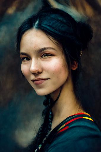 beautiful young girl, full face::1 , symetrical, female, focused, laughing, closed eyes, backlight, black hair, a member of an indigenous people of far northern Scandinavia, traditionally associated with the herding of reindeer, Sami folk costume, raw, allure, enticing, hot , stop 90 --ar 10:16  --s 5000 --q 1 --uplight